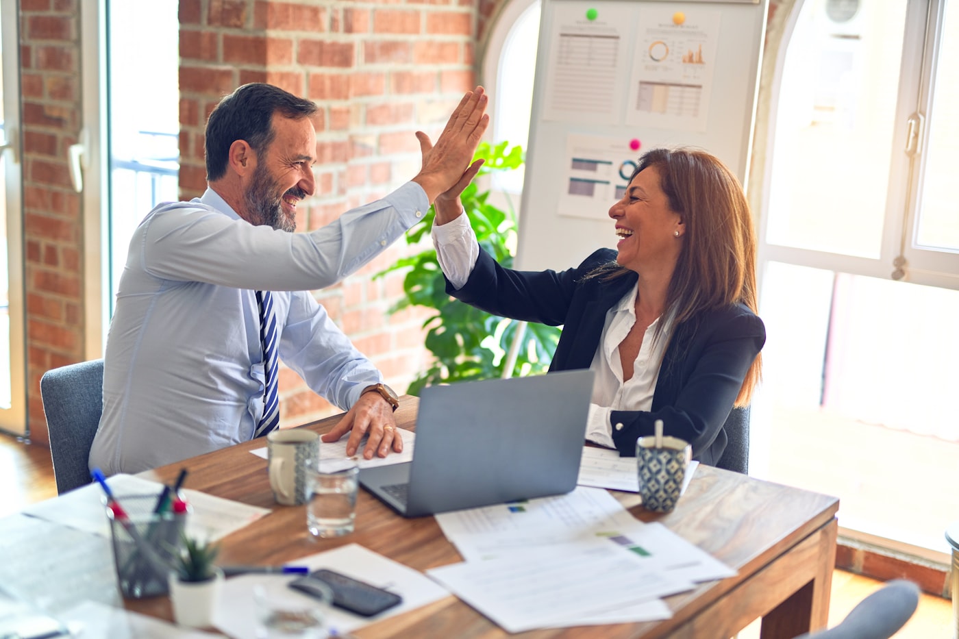 Banking professionals collaborating in a modern office